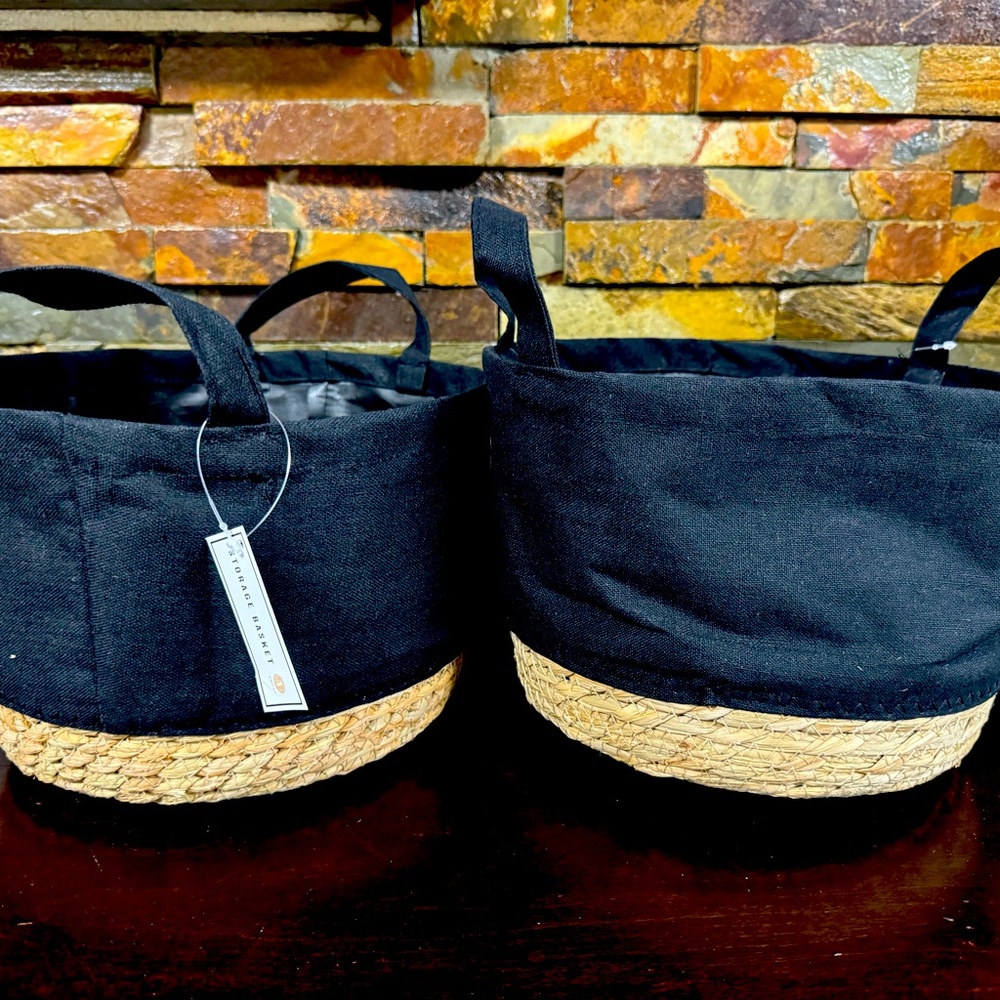 Collapsible Black Non Woven & Wicker Base Storage Basket 10" Wide & 7" Tall A230